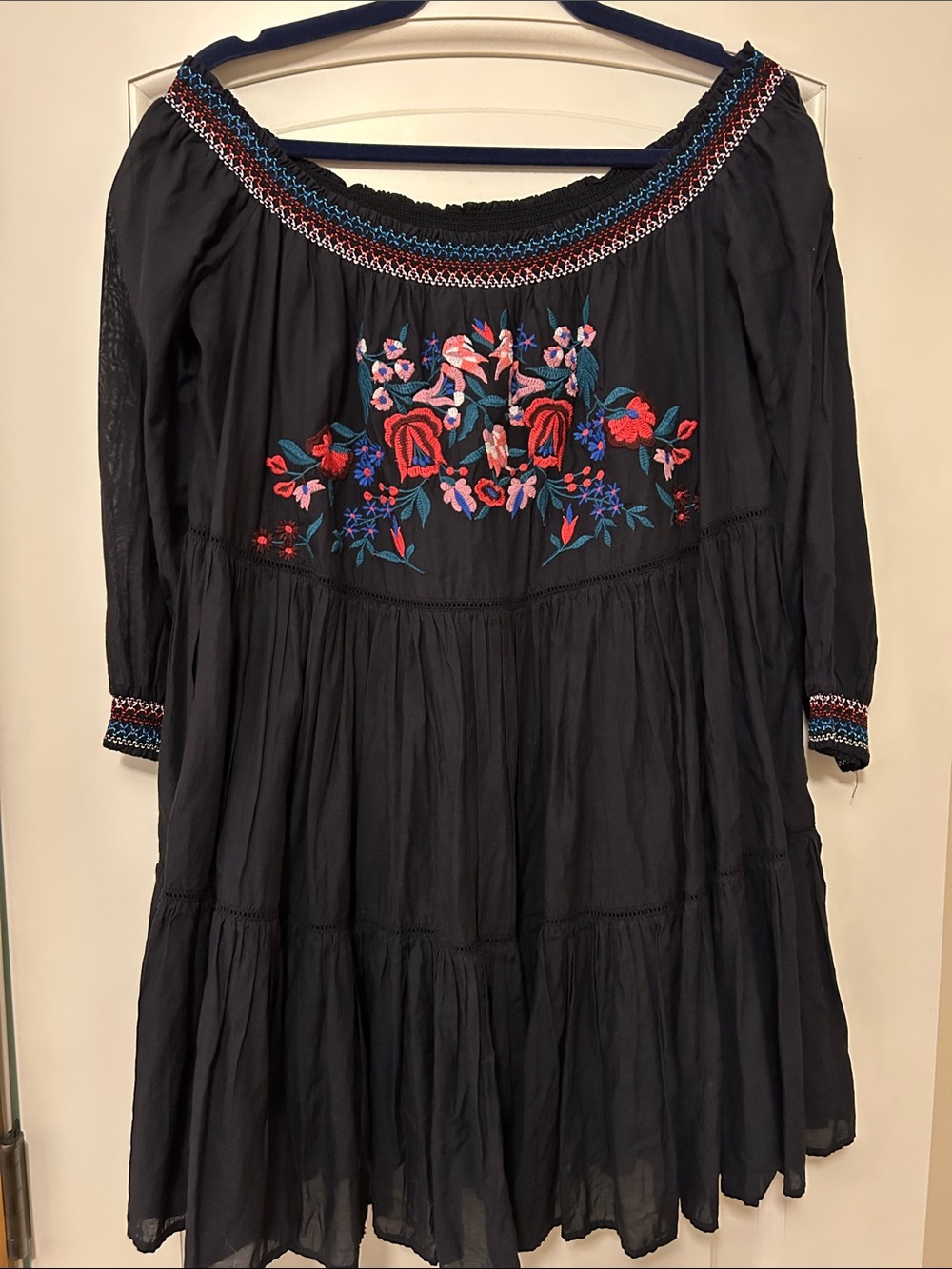 Free People Black Off-Shoulder Midi Dress with Red & Pink Floral Embroidery